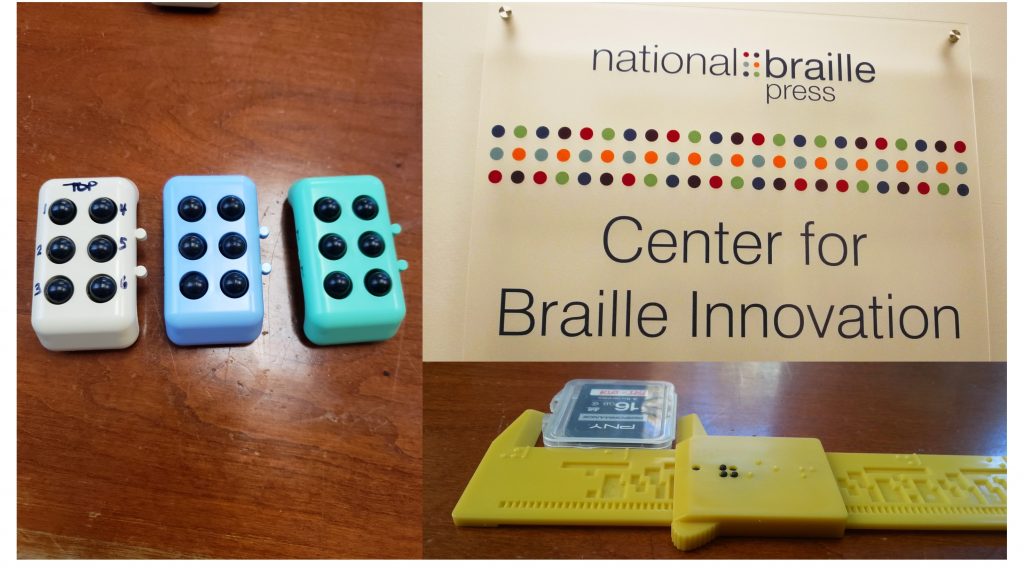 NBP Center for Braille Innovation sign with braille cells and caliper