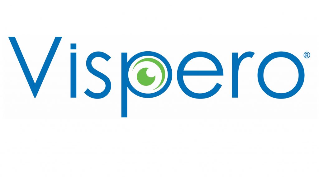 Vispero logo - the word Vispero in blue with a stylized green eye in the 