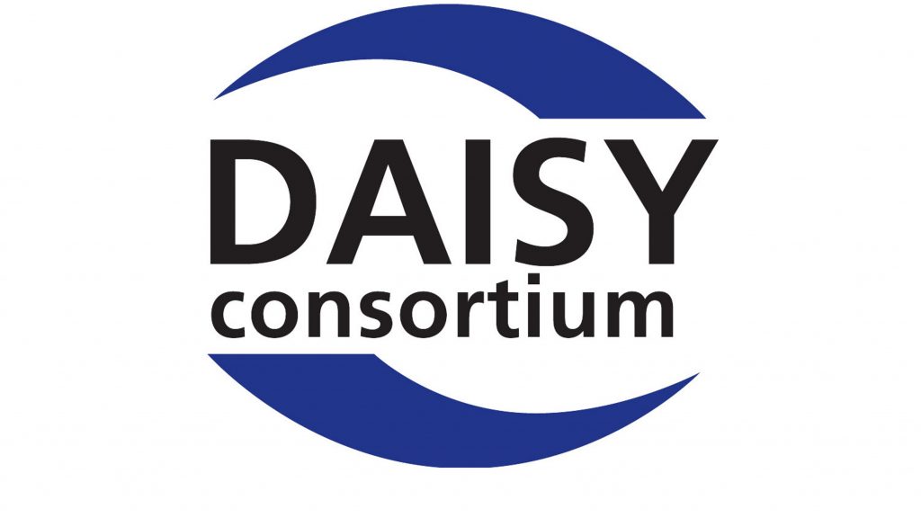 DAISY Consortium logo with writing in black surrounded by 2 dark blue swirls