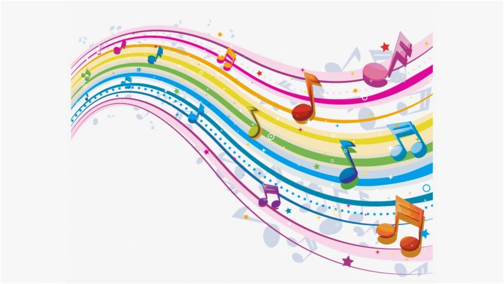 a colorful graphic of a musical staff with assorted notes