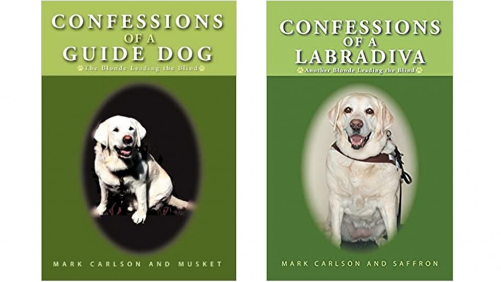 Covers of both Confessions of a Guide Dog and Confessions of a Labradiva covers. Each is green with a photo of the guide dog