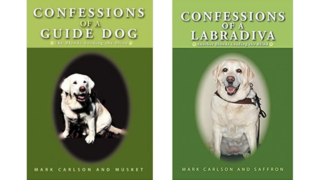 Covers of both Confessions of a Guide Dog and Confessions of a Labradiva covers. Each is green with a photo of the guide dog