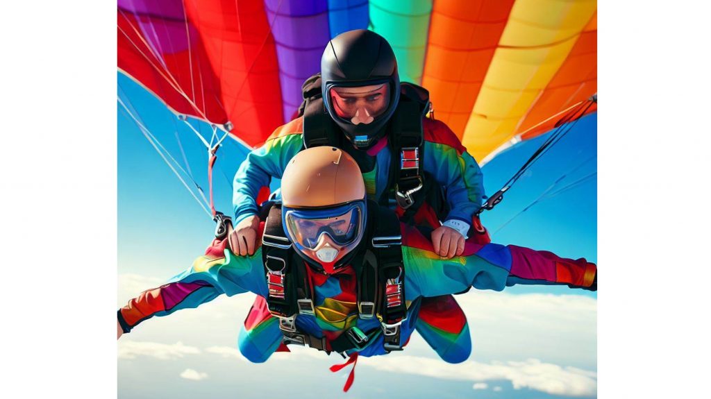 2 skydivers strapped together and hanging from a colorful parachute