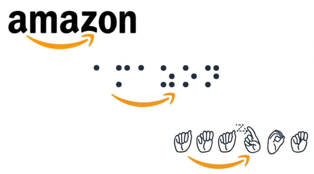 Amazon logos in text and Braille and ASL