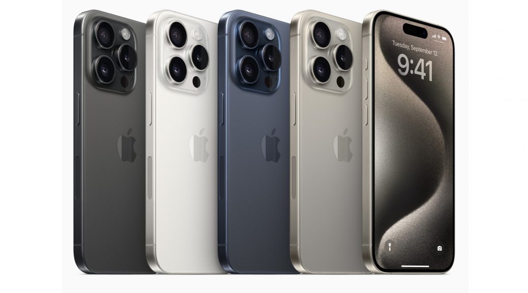 Line-up of iPhone 15 Pro phones in various colors and from various angles