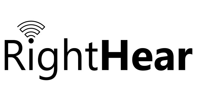 RightHear logo which is black text on white surround with graphic indicating bluetooth emanating from the dot on the 