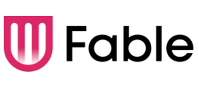 Fable logo consisting of a pink shield shape with black letters spelling Fable, all on white background