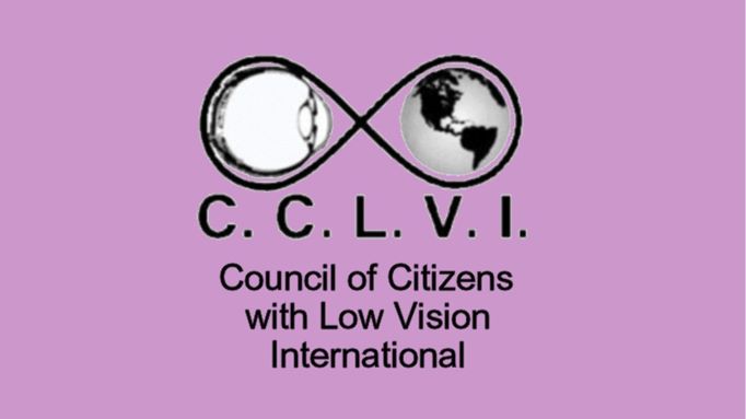 CCLVI logo featuring black and white images of an eyeball and the earth embedded in an infinity sign, all over black writing saying C.C.L.V.I. Council of Citizens with Low Vision International, all on a light purple background