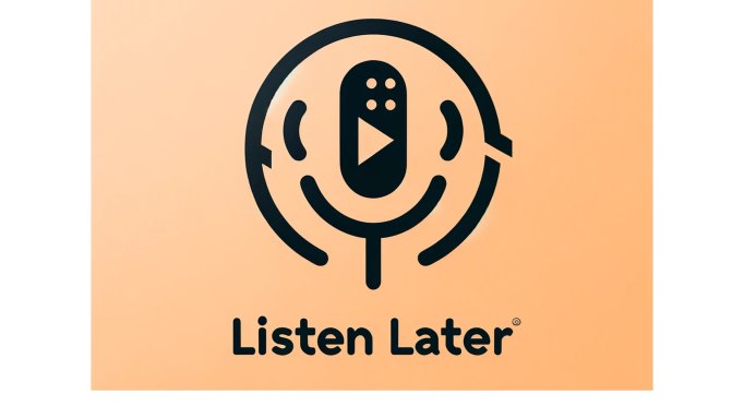 Listen Later logo featuring a minimalistic black line drawing of a face with the nose looking like a microphone and the words Listen Later below, all on a pale orange background