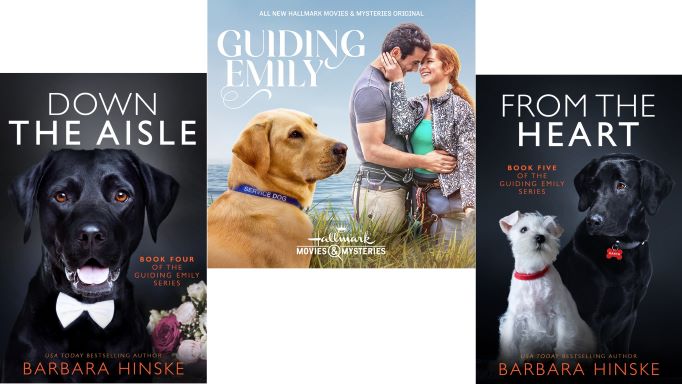 covers of 'Down the Aisle' and 'From the Heart' books and poster for 'Guiding Emily' movie