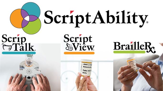 title ScriptAbility across the top over words and images depicting ScripTalk, ScriptView, and BrailleRx