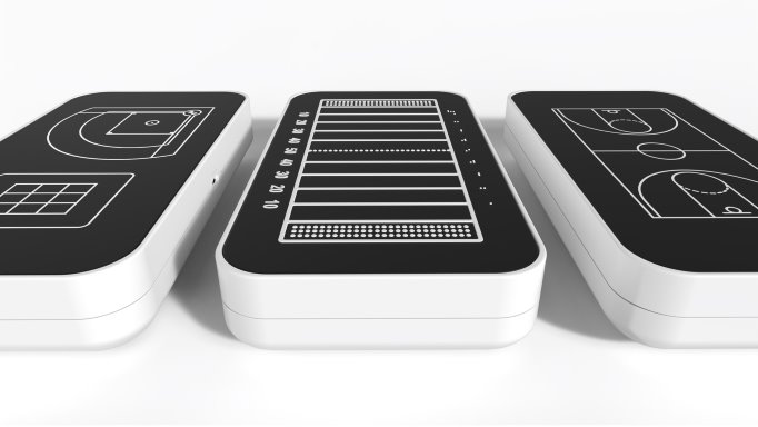 3 OneCourt devices showing respectively white on black raised line depictions of playing fields for baseball, football, and basketball