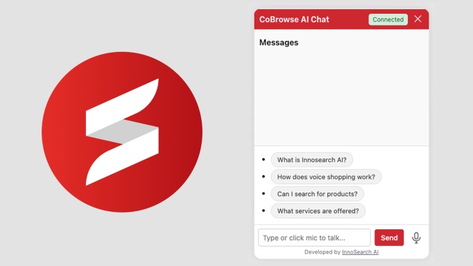 Logo for Innosearch CoBrowse (a white swizzle on a red disk) and a small screenshot of a CoBrowse AI Chat session including some suggested questions