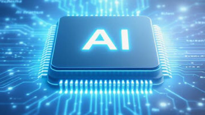 A glowing blue photo of an integrated circuit with the letters AI on top of it. Thanks to Freedom Scientific for the image.