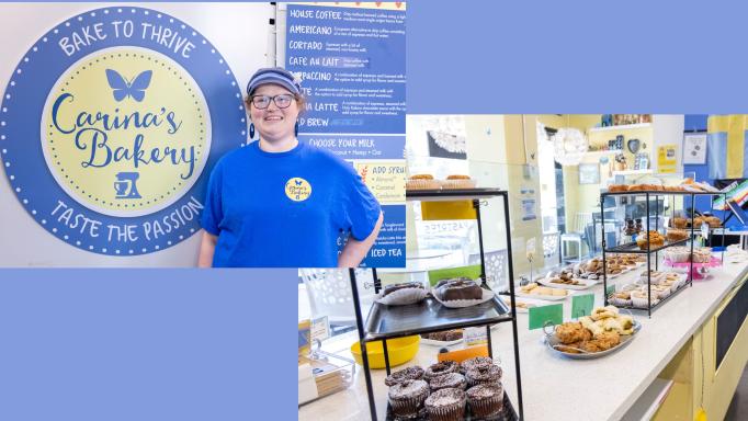 Carina Comer standing in front of the logo for Carina's Bakery and a photo of display cases full of baked goods. The logo says 'bake to thrive' and 'taste the passion'.