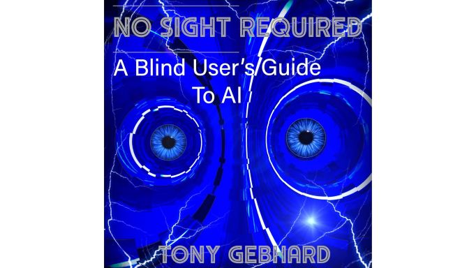 Synthetic image showing 4 people with vision loss in a plaza in front of a large office building labelled 'EOS Eyes On Success'. Each person has either a white cane or a guide dog and is surrounded by a different glowing aura intended to indicate that each one has a superpower. Thanks to Gemini for creating this image.