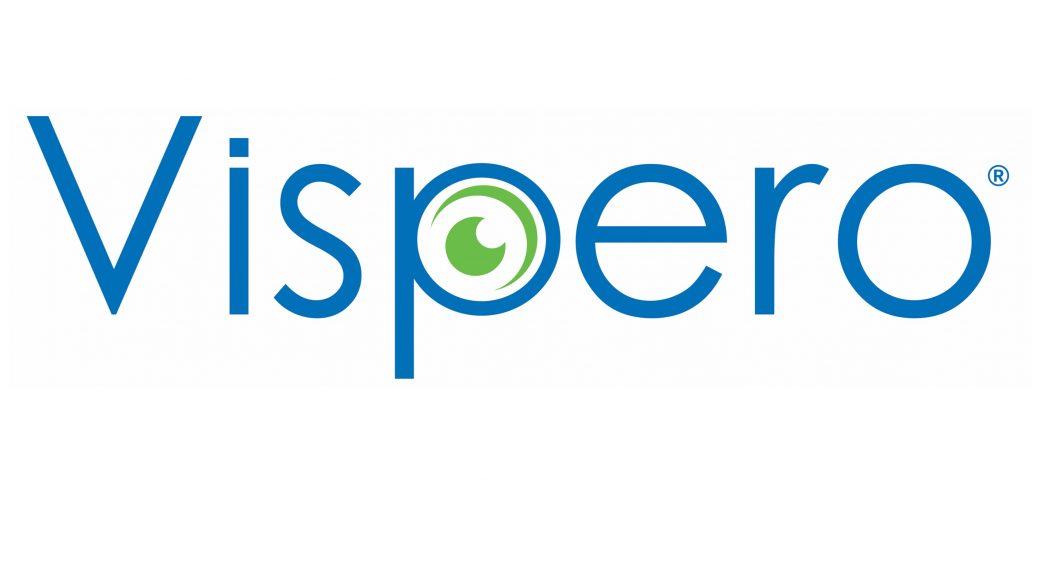 Vispero logo - the word Vispero in blue with a stylized green eye in the "p"