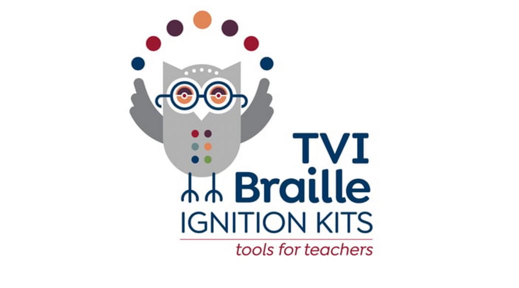 logo for Braille Ignition Kits from National Braille Press. It features a cute gray owl juggling colored dots and the words "TVI Braille Ignition Kits - tools for teachers"