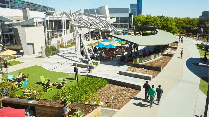 employees outside the Googleplex campus on a sunny day