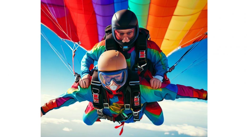 2 skydivers strapped together and hanging from a colorful parachute