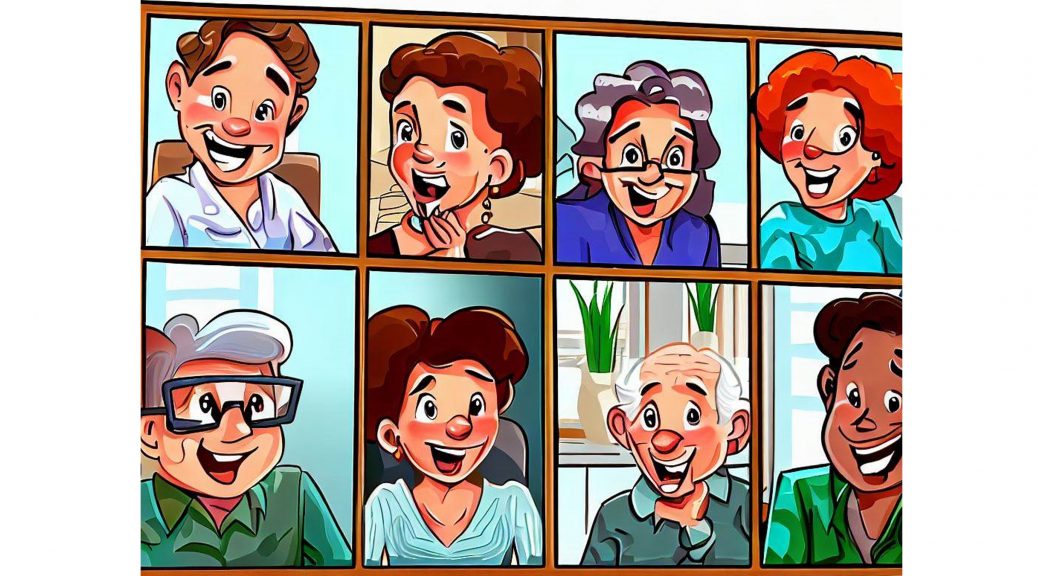 cartoon of 8 happy people in a videocall