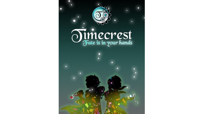 The Timecrest 1: Fated Connections updated splash screen. The splash screen features the Timecrest 1 logo on the top, the stylized "Timecrest: Fate is in your hands" title, and the silhouettes of two young mages wearing cloaks at the bottom of the image. The leftmost mage appears to be male and is facing left, and is holding a red amulet. The rightmost mage appears to be female and is facing right, holding a pocket watch. There is a blue night sky with stars visible in the background.