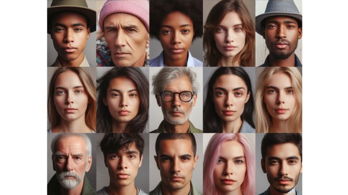 Faces of 15 people of various ages, races and genders