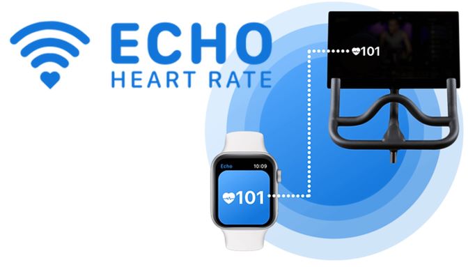 Graphic showing Echo heart rate monitor in use with logo superimposed on image