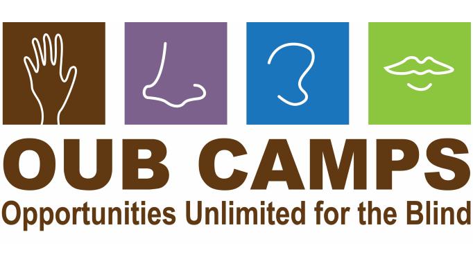 Opportunities Unlimited for the Blind / OUB CAMPS logo with that writing in brown on a white surround. Above that are sketches of a hand, a nose, an ear and a mouth, each in white on a different bright color surround.