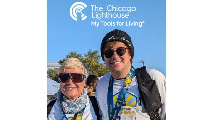 Patrick Andrade and Pat Kosmerl stand together smiling in sunglasses. The Chicago Lighthouse My Tools for Living logo is above them.