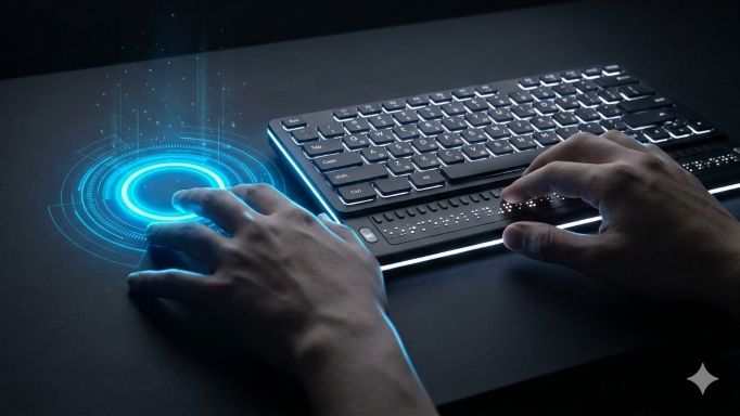 This image was generated by Pete, who is totally blind, using Google's Gemini AI tool It shows an adult's hands working with a glowing QWERTY keyboard with a braille display. Where a mouse or other pointing device would be is a glowing blue geometrical design that implies a connection with the cloud.