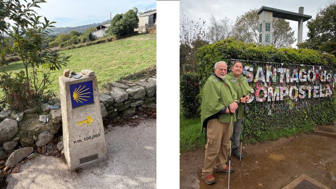 This image consists of 2 photos. On the left is a large way marker showing which direction the trail goes. On the right, Richard Rueda and Rom Lais are standing at the end of the trail in front of a large sign reading 'Santiago de Compostela'. They are each wearing rain ponchos and carrying hiking poles.