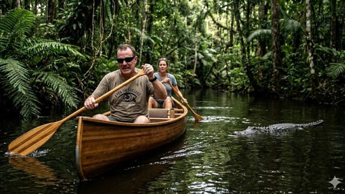 AI generated image of a man and a woman paddling a wood canoe in a river. There is a large alligator approaching the canoe. The man is wearing dark glasses and a tee shirt that reads 'Eyes On Success'. Thanks to Gemini for the image.