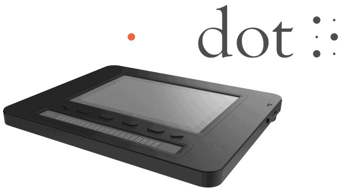Photo of the Dot Pad X with the Dot logo that says 'dot' and has the Braille o to its right. All in black on white.