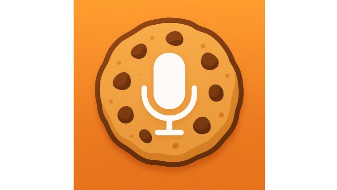 The logo for the Cookie Voice Recipes app. It looks like a stylized chocolate chip cookie with a dark brown outline and a white stylized microphone in the center. This is all on an orange background that coordinates nicely with the shade of the cookie.