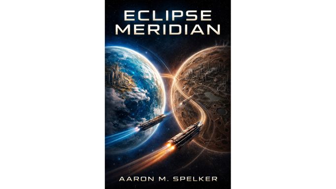 cover of 'Eclipse Meridian' by Aaron M. Spelker. Writing is in a white futuristic font on a black background with images of 2 glowing planets with several fast-moving rocket ships flying around and between them.