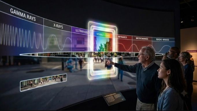 Four adults standing in front of a large representation of the electromagnetic spectrum. The tiny sliver representing visible light is both exaggerated and highlighted.