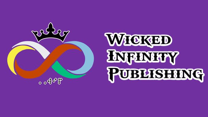 The logo for Wicked Infinity Publishing. The words are in all capitals with each character in black outlined in white. The initials WIP are in a similar Braille font. There is a multicolor infinity symbol topped with a black and white crown. The background is a deep regal purple.