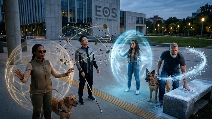 Synthetic image showing 4 people with vision loss in a plaza in front of a large office building labelled 'EOS Eyes On Success'. Each person has either a white cane or a guide dog and is surrounded by a different glowing aura intended to indicate that each one has a superpower. Thanks to Gemini for creating this image.