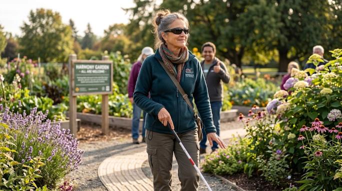 Woman in a public garden using a white cane for navigation. Behind her is a sign indicating that it is a harmony garden in which 'all are welcome'. She looks happy.