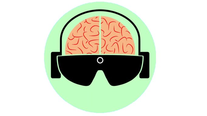 The logo for vOICe. It's a pale green disk with a pale orange brain wearing black glasses and headphones in the middle of it.